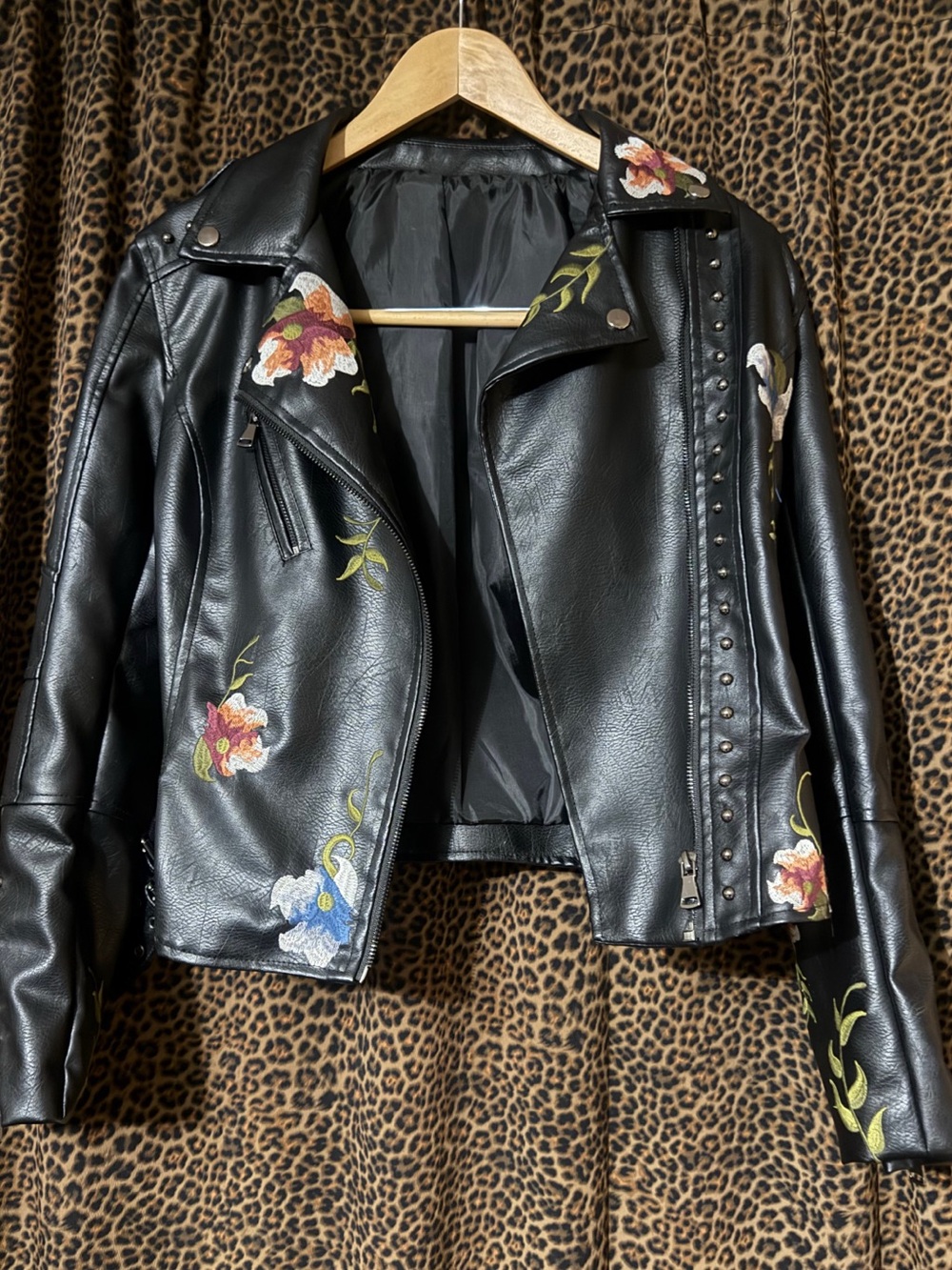 Black Moto Jacket with Floral Embroidery NWOT